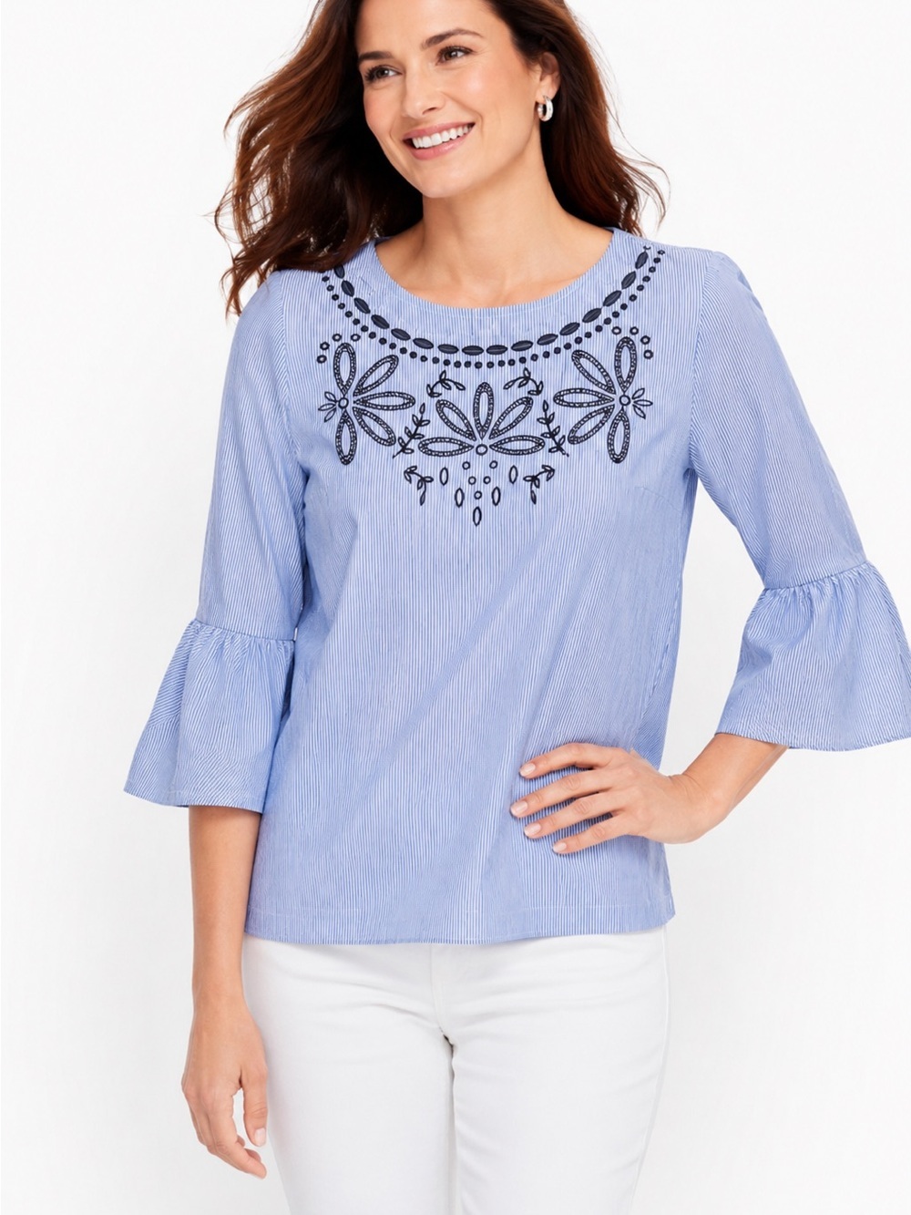 Talbots Women’s Embroidered Neckline Flounce Sleeve Blouse SP Blue Stripe